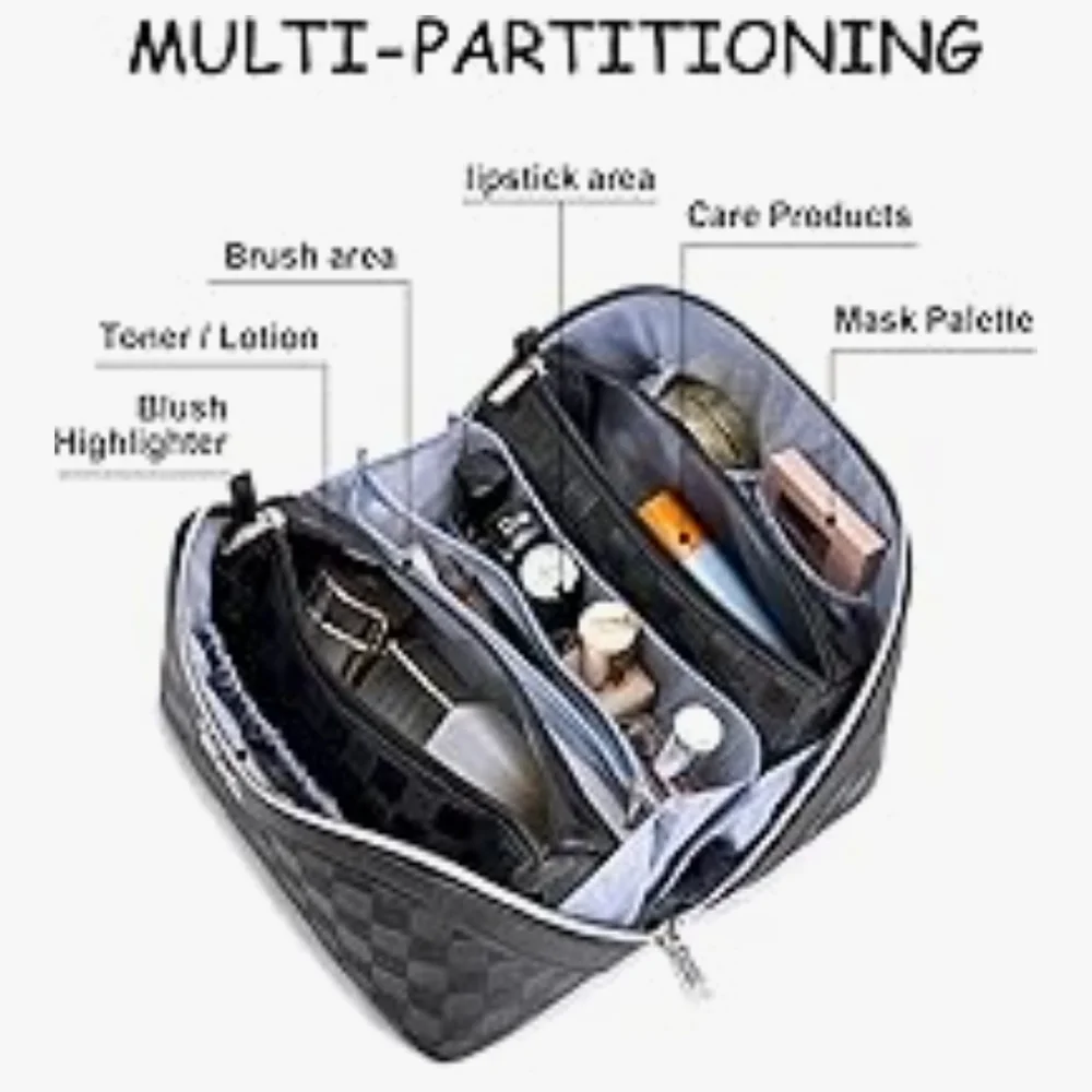 Black Checkered Toiletry Bag With Multiple Compartments